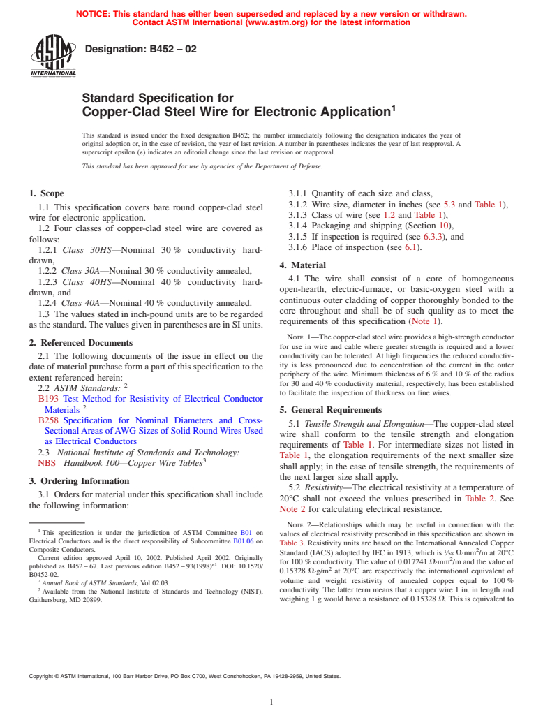 ASTM B452-02 - Standard Specification for Copper-Clad Steel Wire for Electronic Application