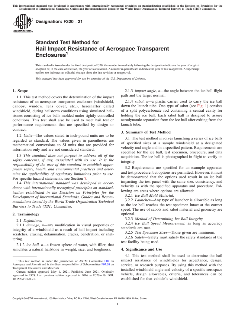 ASTM F320-21 - Standard Test Method for  Hail Impact Resistance of Aerospace Transparent Enclosures