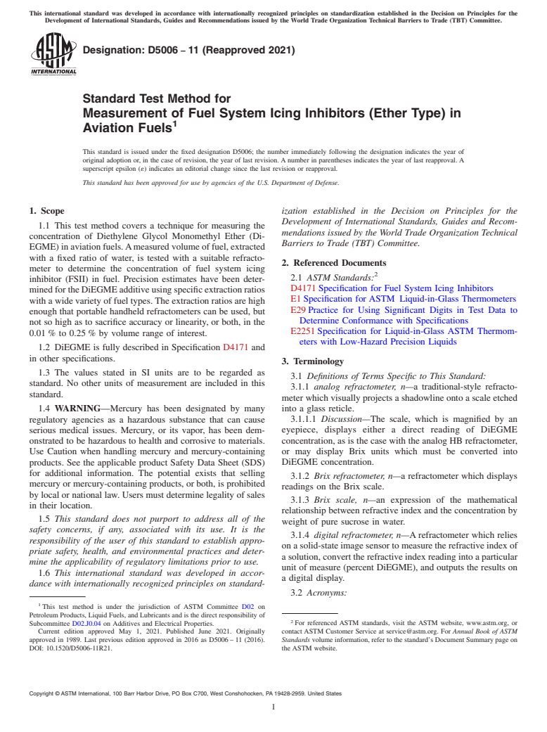 ASTM D5006-11(2021) - Standard Test Method for  Measurement of Fuel System Icing Inhibitors (Ether Type) in   Aviation Fuels