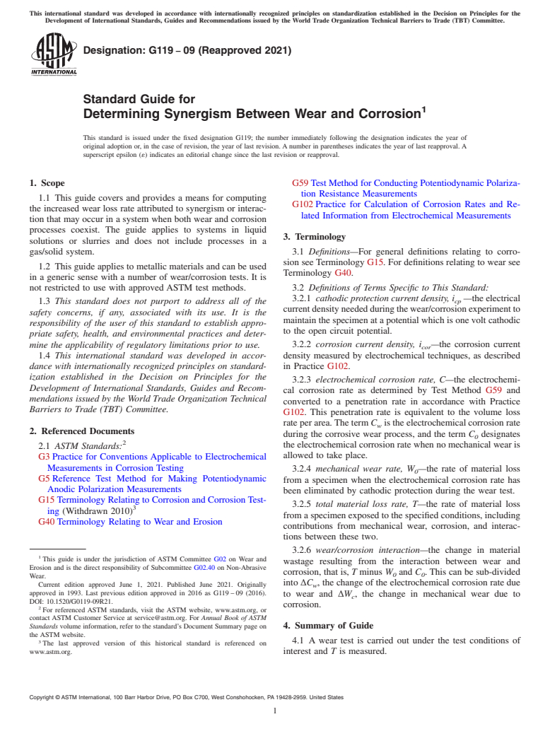 ASTM G119-09(2021) - Standard Guide for Determining Synergism Between Wear and Corrosion