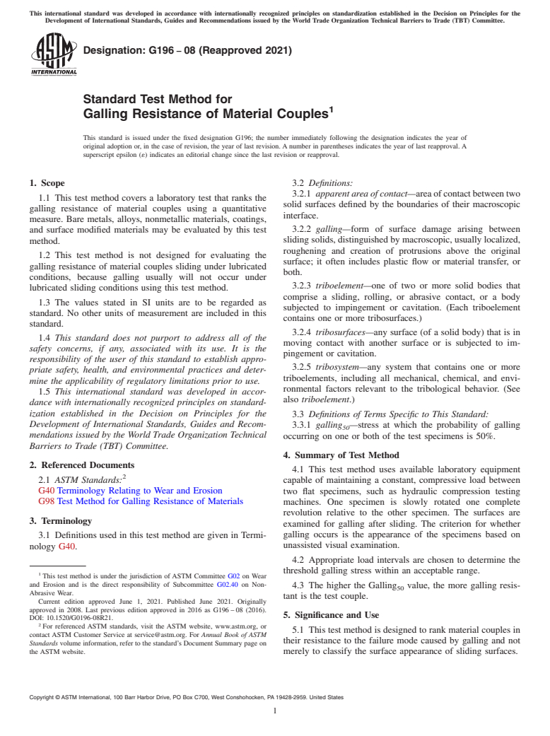 ASTM G196-08(2021) - Standard Test Method for Galling Resistance of Material Couples