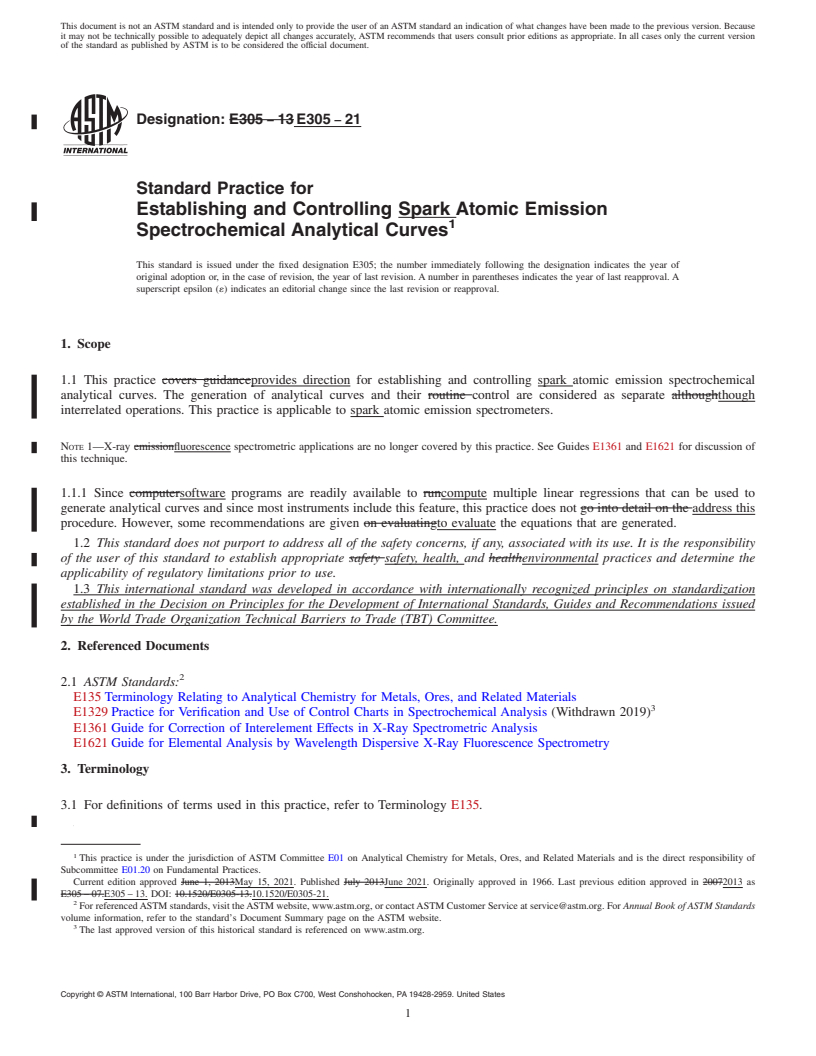 REDLINE ASTM E305-21 - Standard Practice for  Establishing and Controlling Spark Atomic Emission Spectrochemical  Analytical Curves