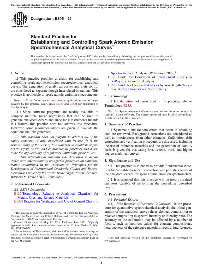 ASTM E305-21 - Standard Practice for  Establishing and Controlling Spark Atomic Emission Spectrochemical  Analytical Curves