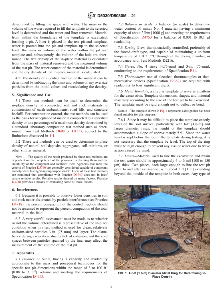 ASTM D5030/D5030M-21 - Standard Test Methods for Density of In-Place Soil and Rock Materials by the Water Replacement  Method in a Test Pit