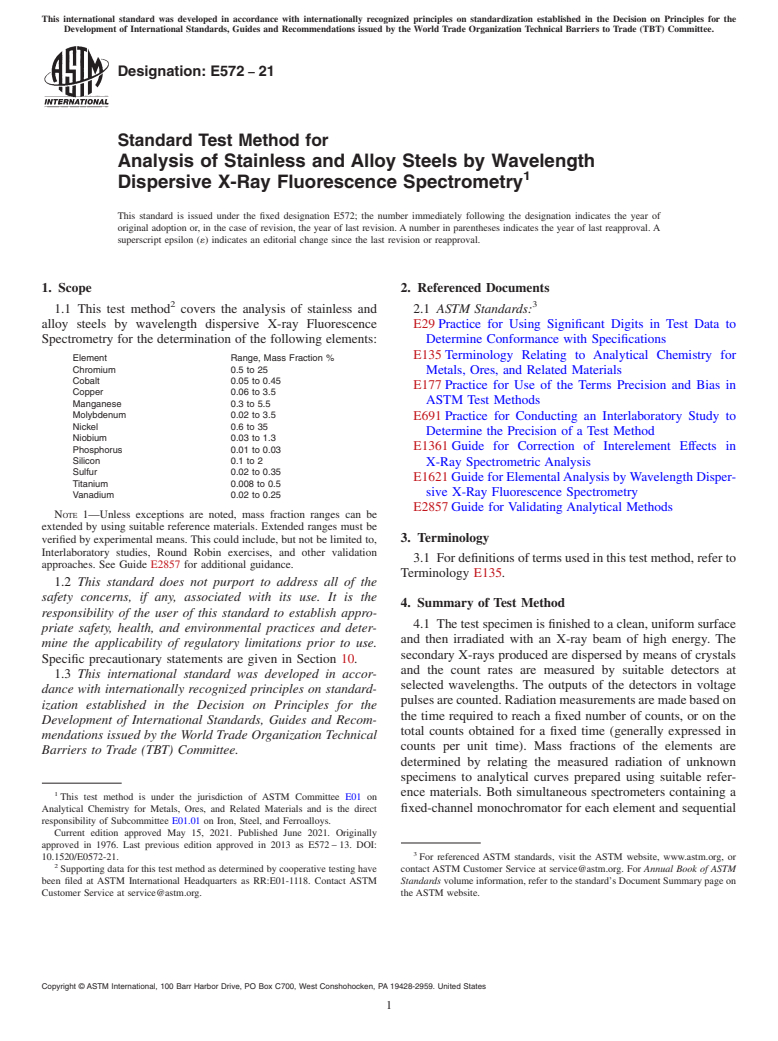 ASTM E572-21 - Standard Test Method for Analysis of Stainless and Alloy Steels by Wavelength Dispersive  X-Ray Fluorescence Spectrometry