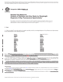 ASTM E572-21 REDLINE ASTM E572-21 - Standard Test Method for Analysis of Stainless and Alloy Steels by Wavelength Dispersive X-Ray Fluorescence Spectrometry - Page 1 preview
