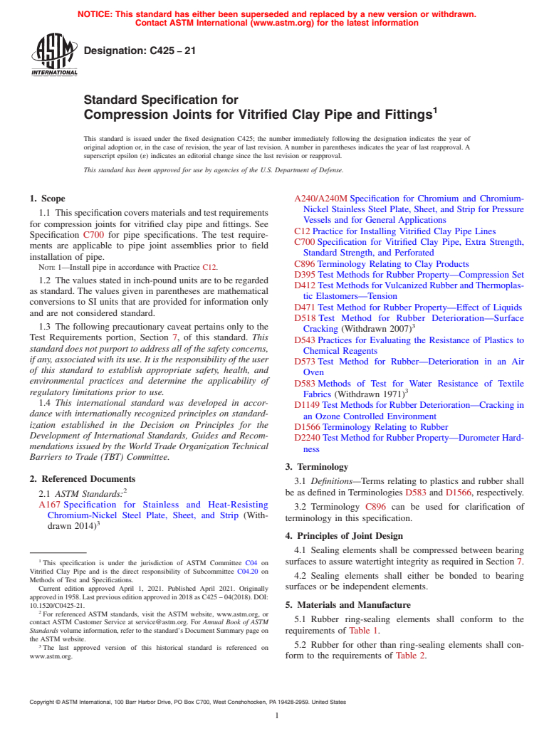 ASTM C425-21 - Standard Specification for  Compression Joints for Vitrified Clay Pipe and Fittings