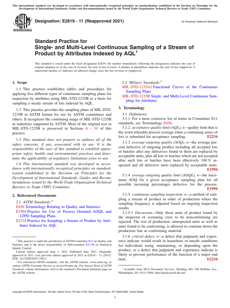 ASTM E2819-11(2021) - Standard Practice for  Single- and Multi-Level Continuous Sampling of a Stream of  Product by Attributes Indexed by AQL