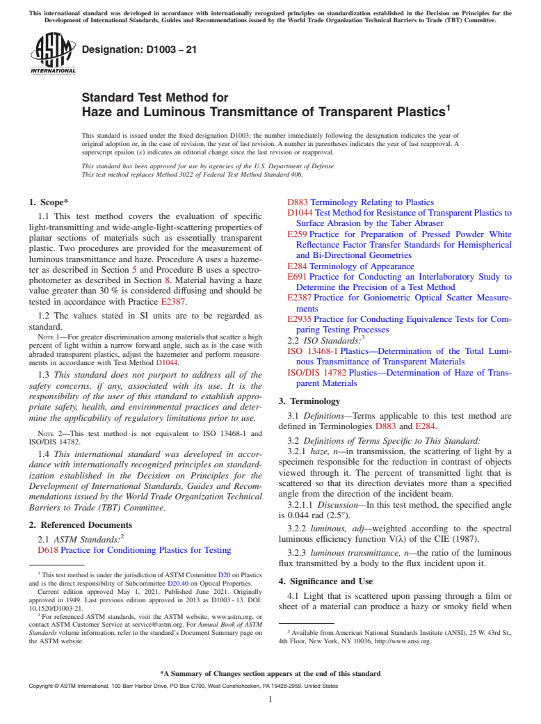 ASTM D1003-21 - Standard Test Method for  Haze and Luminous Transmittance of Transparent Plastics