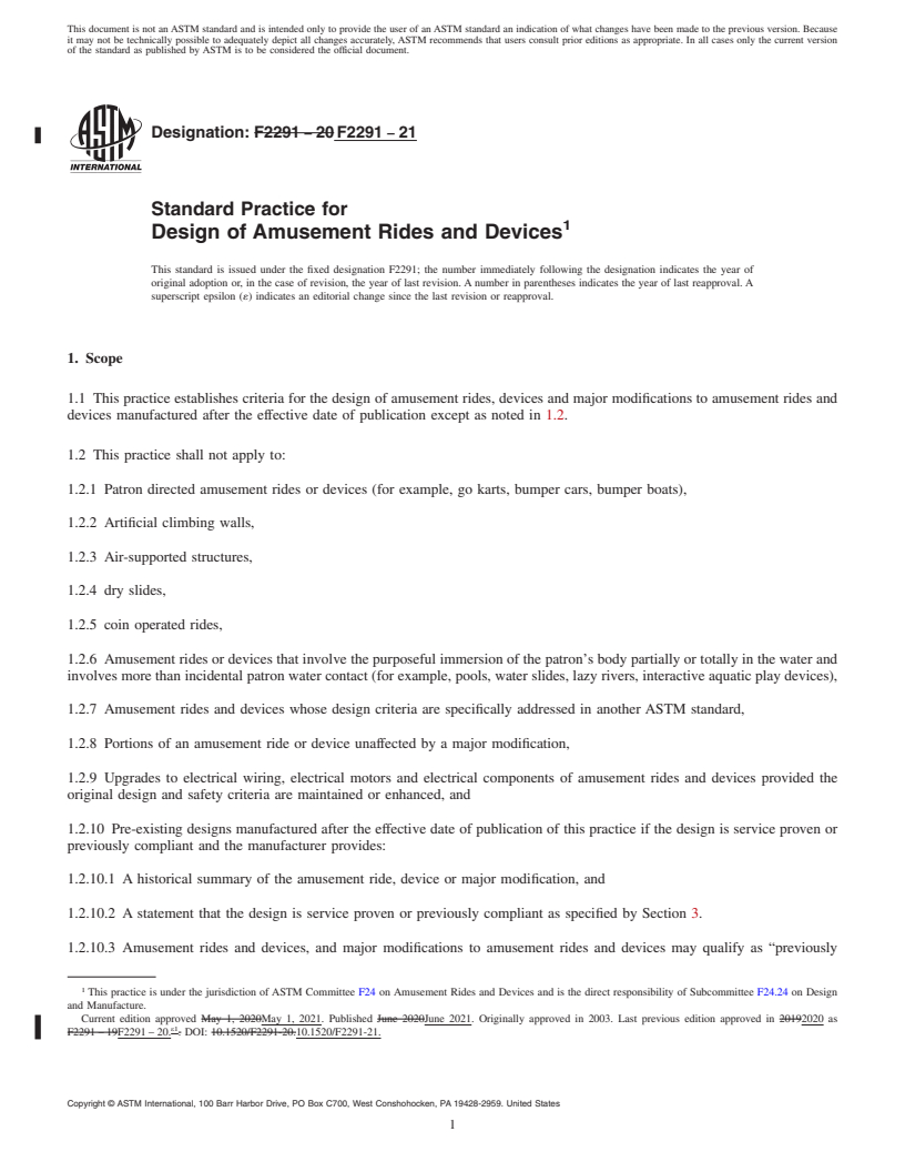 REDLINE ASTM F2291-21 - Standard Practice for Design of Amusement Rides and Devices