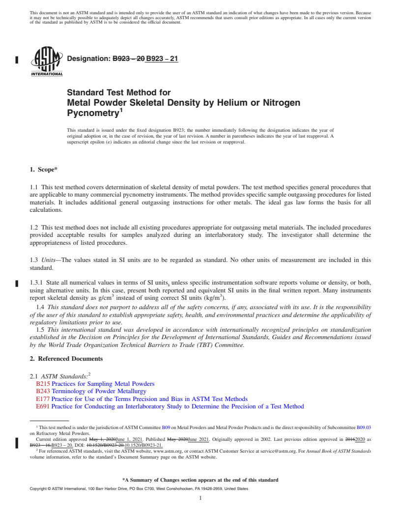 REDLINE ASTM B923-21 - Standard Test Method for  Metal Powder Skeletal Density by Helium or Nitrogen Pycnometry