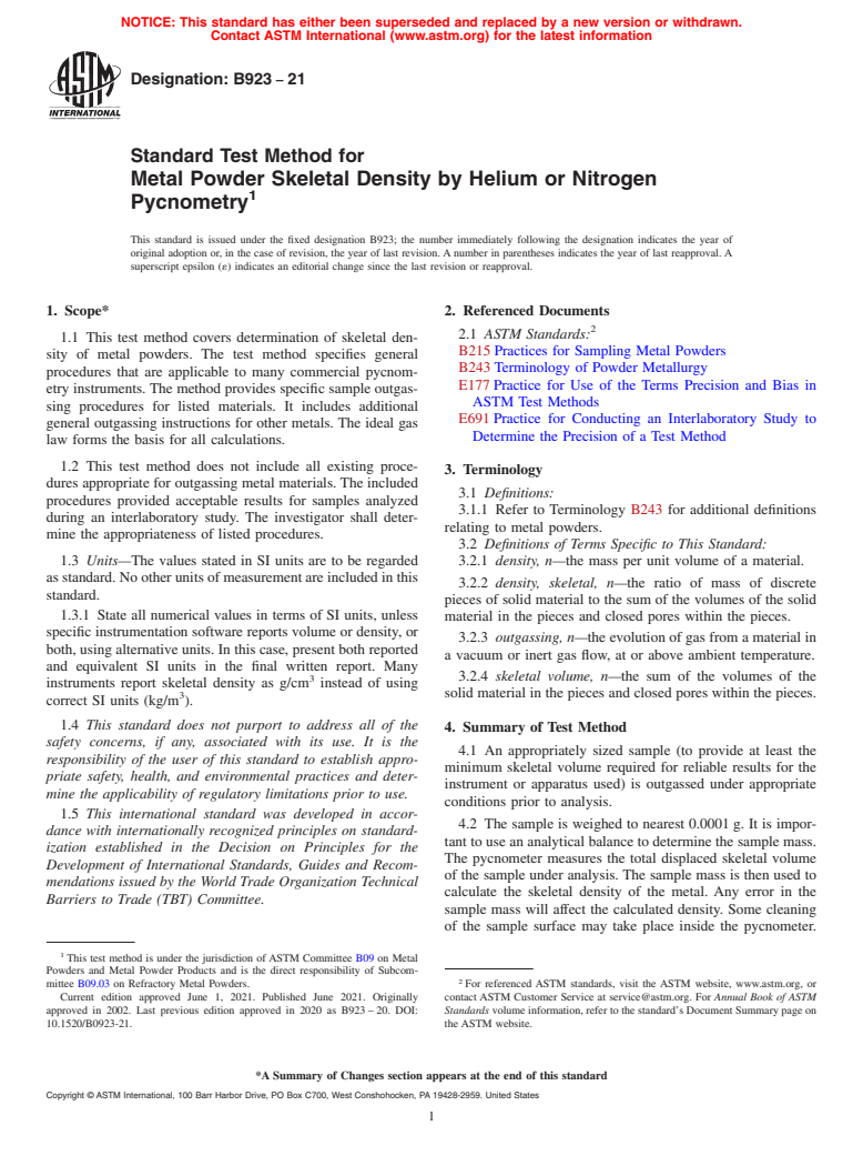 ASTM B923-21 - Standard Test Method for  Metal Powder Skeletal Density by Helium or Nitrogen Pycnometry