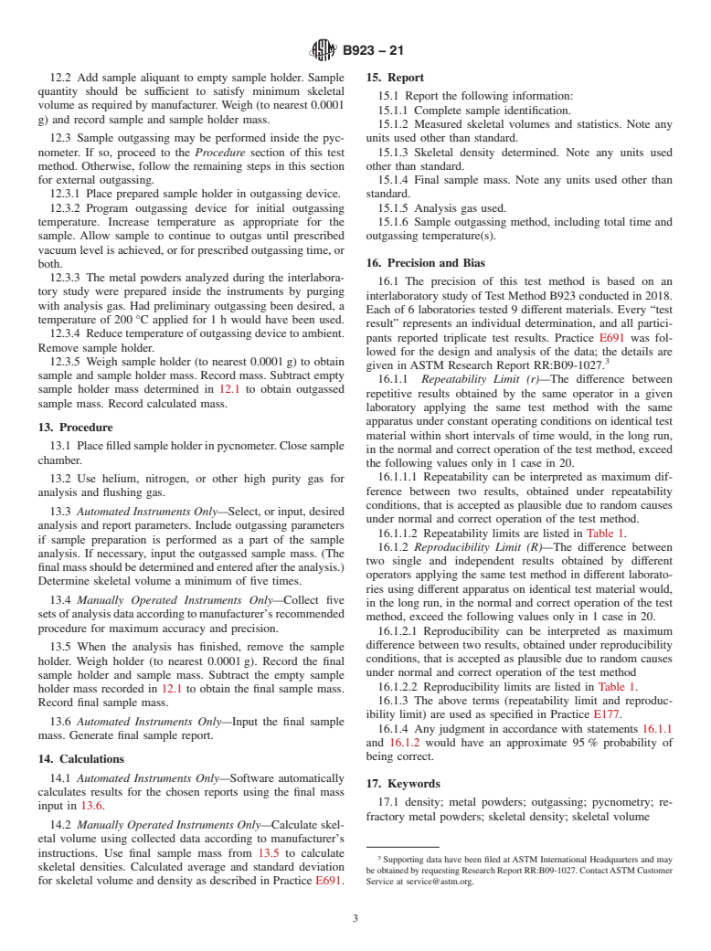 ASTM B923-21 - Standard Test Method for  Metal Powder Skeletal Density by Helium or Nitrogen Pycnometry