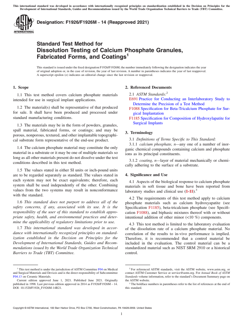 ASTM F1926/F1926M-14(2021) - Standard Test Method for Dissolution Testing of Calcium Phosphate Granules, Fabricated  Forms, and Coatings