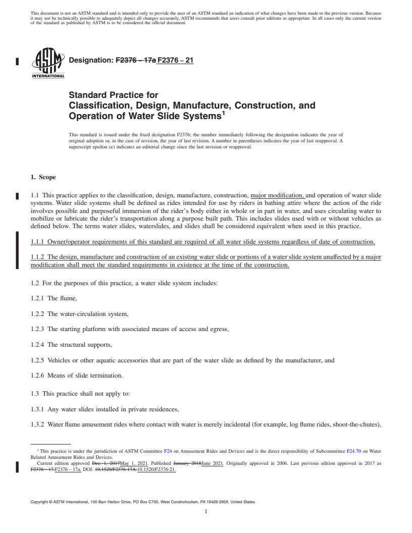 REDLINE ASTM F2376-21 - Standard Practice for Classification, Design, Manufacture, Construction, and Operation  of Water Slide Systems