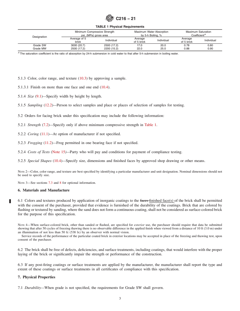 REDLINE ASTM C216-21 - Standard Specification for  Facing Brick (Solid Masonry Units Made from Clay or Shale)