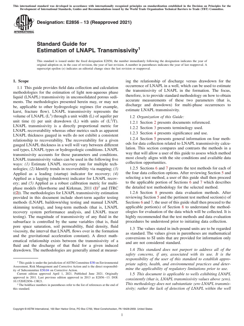 ASTM E2856-13(2021) - Standard Guide for  Estimation of LNAPL Transmissivity