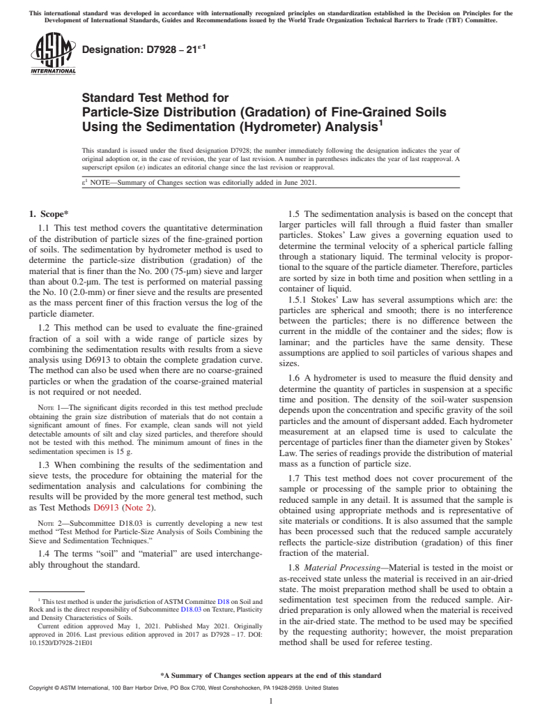 ASTM D7928-21e1 - Standard Test Method for Particle-Size Distribution (Gradation) of Fine-Grained Soils  Using the Sedimentation (Hydrometer) Analysis