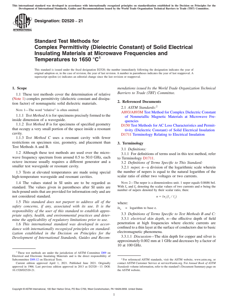 ASTM D2520-21 - Standard Test Methods for Complex Permittivity (Dielectric Constant) of Solid Electrical  Insulating Materials at Microwave Frequencies and Temperatures to  1650 °C