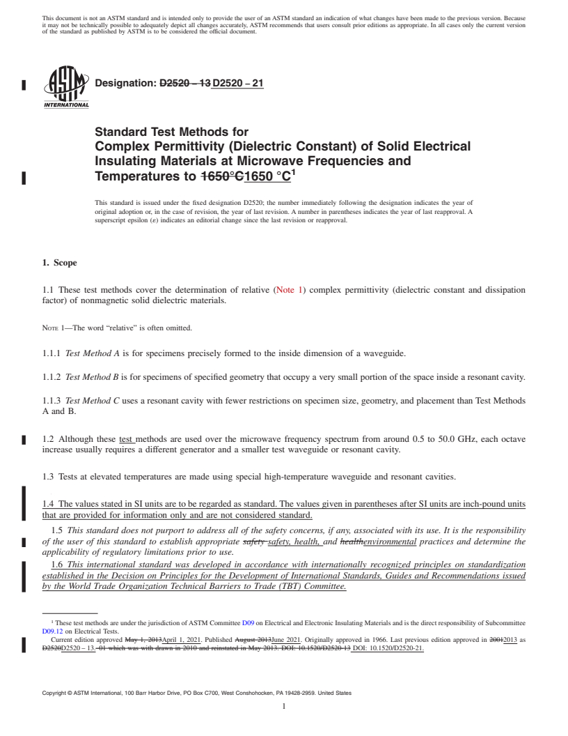 REDLINE ASTM D2520-21 - Standard Test Methods for Complex Permittivity (Dielectric Constant) of Solid Electrical  Insulating Materials at Microwave Frequencies and Temperatures to  1650 °C