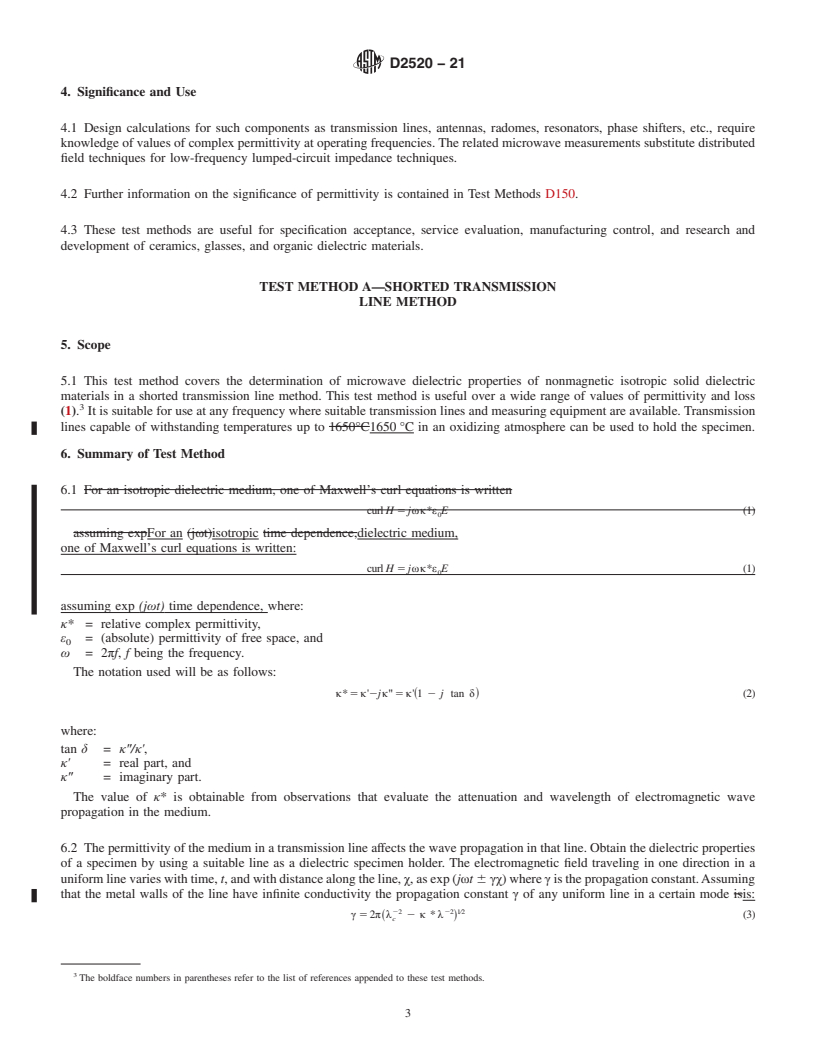 REDLINE ASTM D2520-21 - Standard Test Methods for Complex Permittivity (Dielectric Constant) of Solid Electrical  Insulating Materials at Microwave Frequencies and Temperatures to  1650 °C