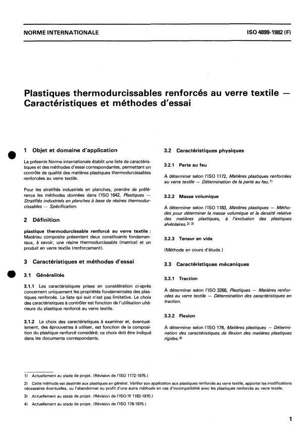 ISO 4899:1982 - Plastiques thermodurcissables renforcés au verre textile -- Caractéristiques et méthodes d'essai