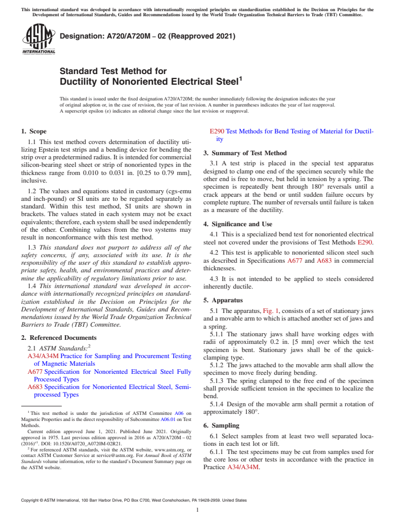 ASTM A720/A720M-02(2021) - Standard Test Method for  Ductility of Nonoriented Electrical Steel