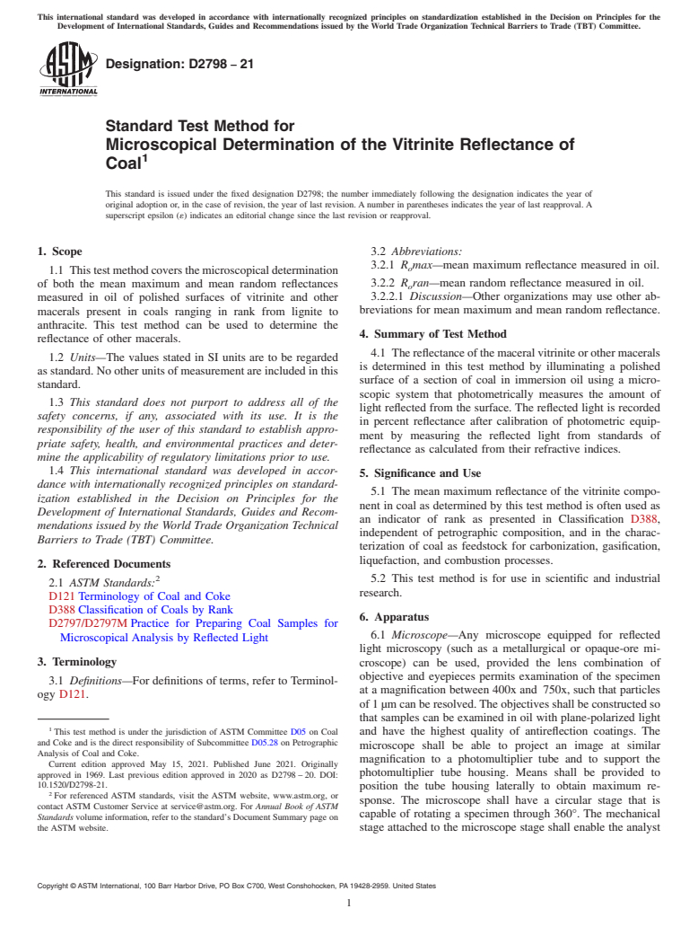 ASTM D2798-21 - Standard Test Method for  Microscopical Determination of the Vitrinite Reflectance of Coal