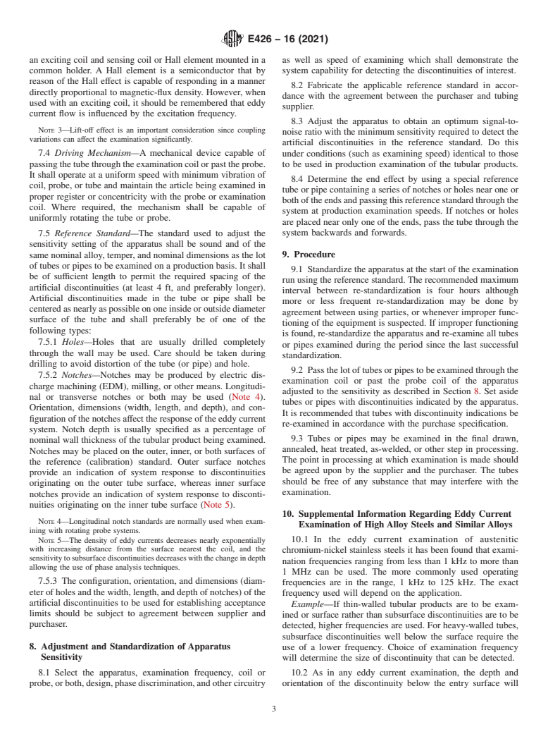 ASTM E426-16(2021) - Standard Practice for  Electromagnetic (Eddy Current) Examination of Seamless and  Welded Tubular Products, Titanium, Austenitic Stainless Steel and  Similar Alloys