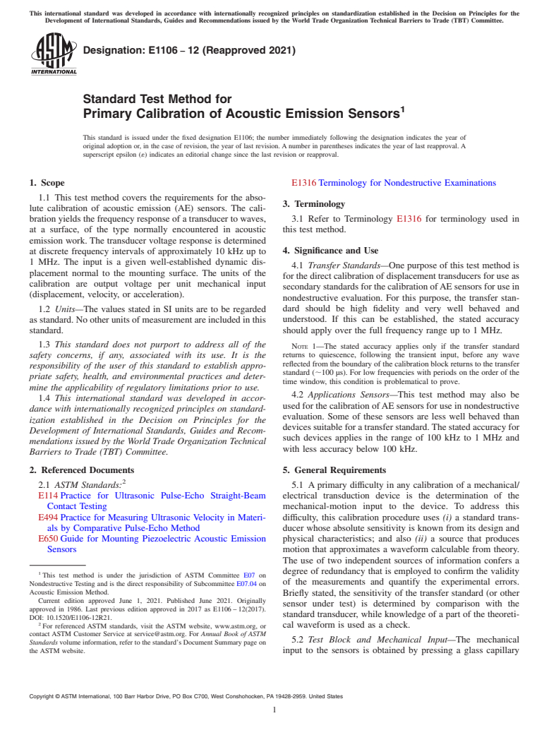 ASTM E1106-12(2021) - Standard Test Method for  Primary Calibration of Acoustic Emission Sensors