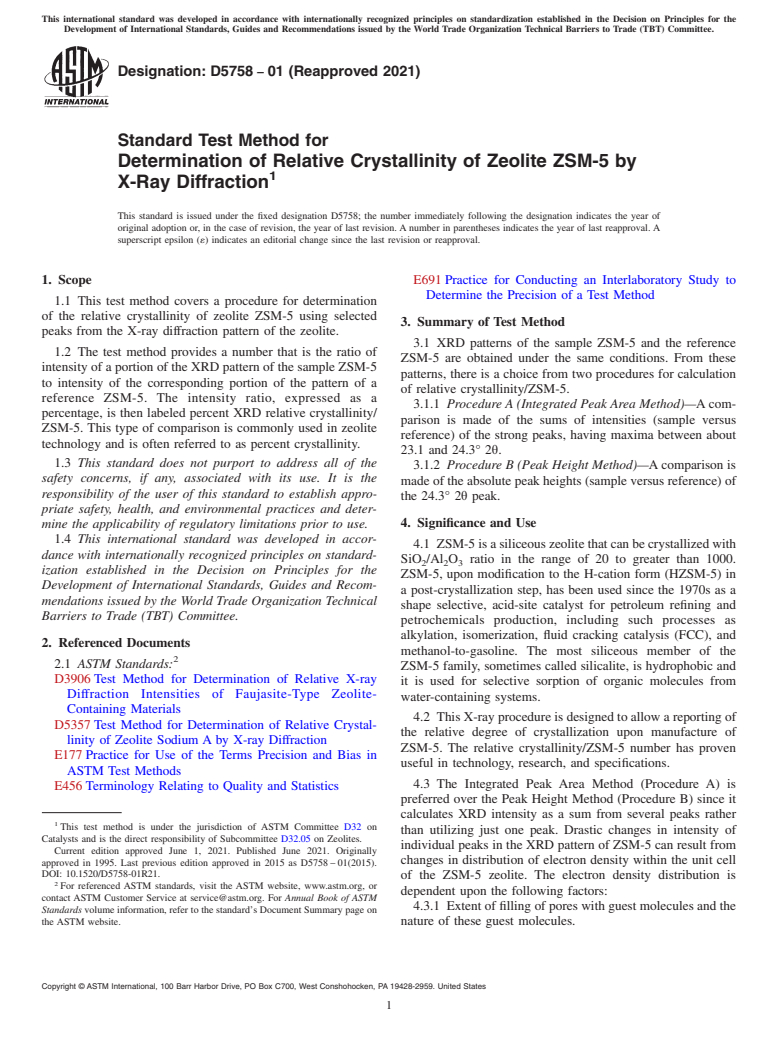 ASTM D5758-01(2021) - Standard Test Method for  Determination of Relative Crystallinity of Zeolite ZSM-5 by  X-Ray Diffraction