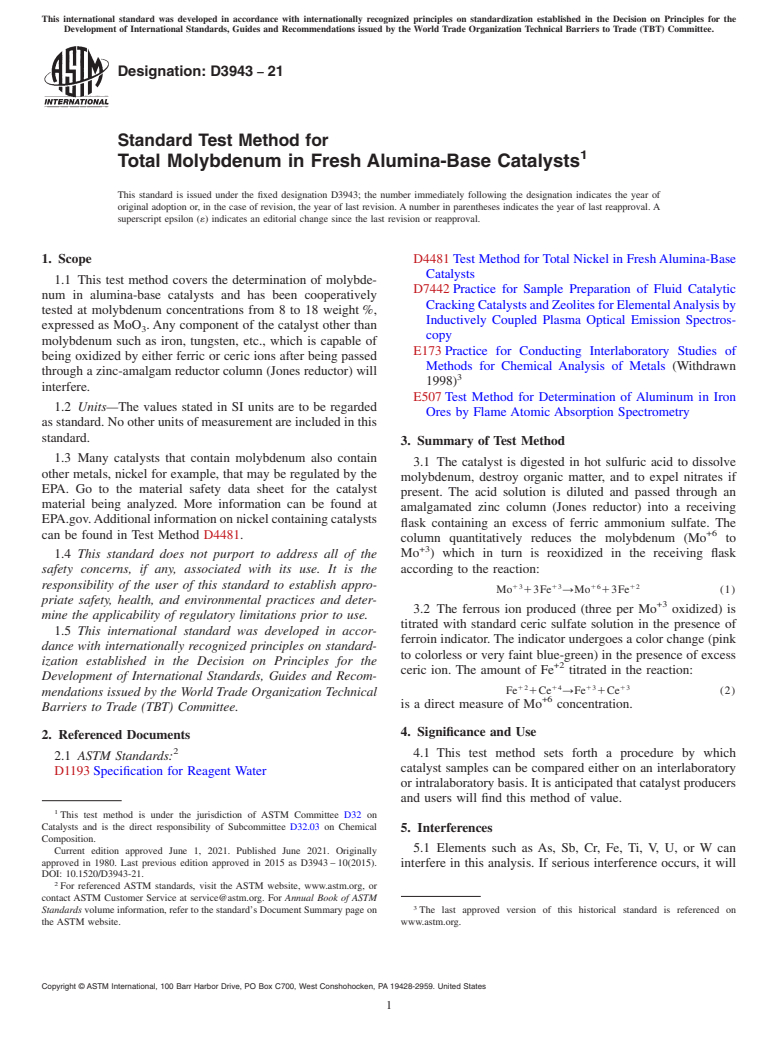 ASTM D3943-21 - Standard Test Method for  Total Molybdenum in Fresh Alumina-Base Catalysts