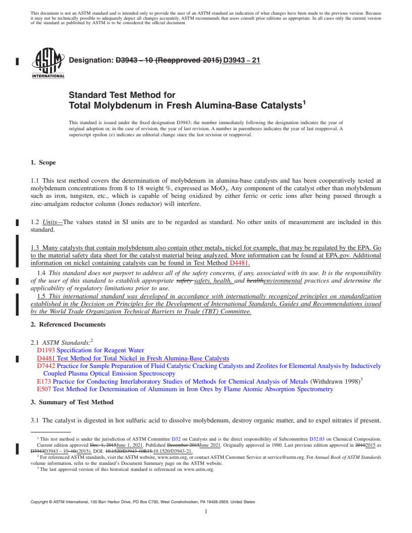 REDLINE ASTM D3943-21 - Standard Test Method for  Total Molybdenum in Fresh Alumina-Base Catalysts