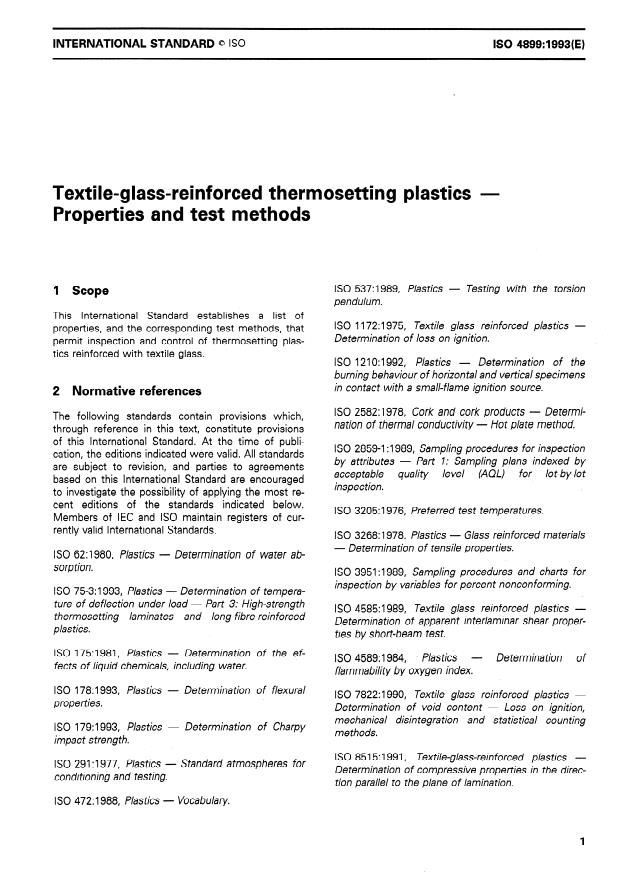 ISO 4899:1993 - Textile-glass-reinforced thermosetting plastics -- Properties and test methods
