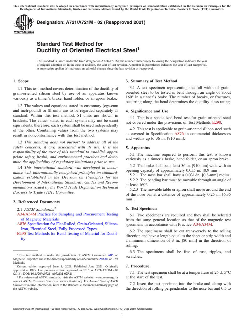 ASTM A721/A721M-02(2021) - Standard Test Method for  Ductility of Oriented Electrical Steel