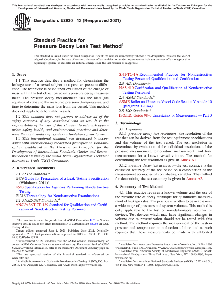 ASTM E2930-13(2021) - Standard Practice for Pressure Decay Leak Test Method