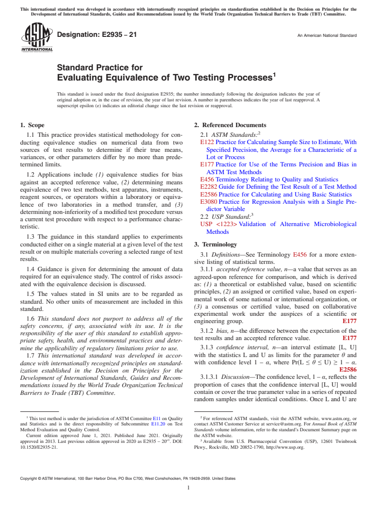 ASTM E2935-21 - Standard Practice for Evaluating Equivalence of Two Testing Processes