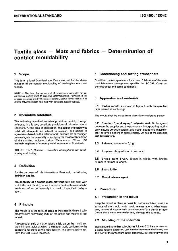 ISO 4900:1990 - Textile glass -- Mats and fabrics -- Determination of contact mouldability
