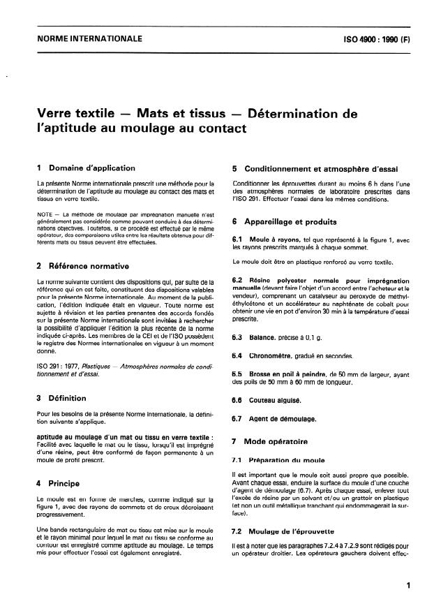 ISO 4900:1990 - Verre textile -- Mats et tissus -- Détermination de l'aptitude au moulage au contact