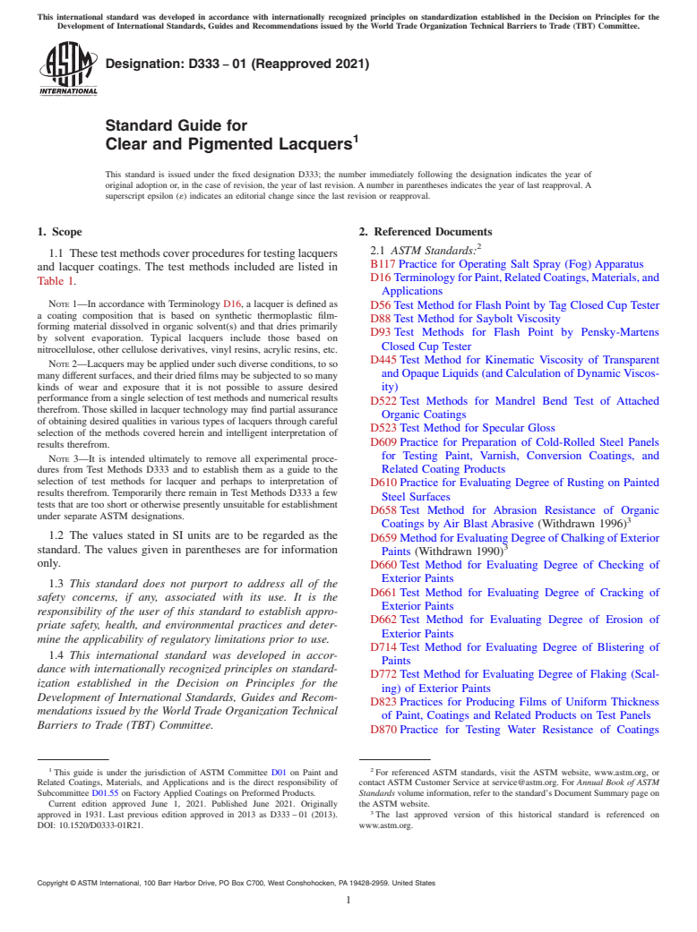 ASTM D333-01(2021) - Standard Guide for Clear and Pigmented Lacquers