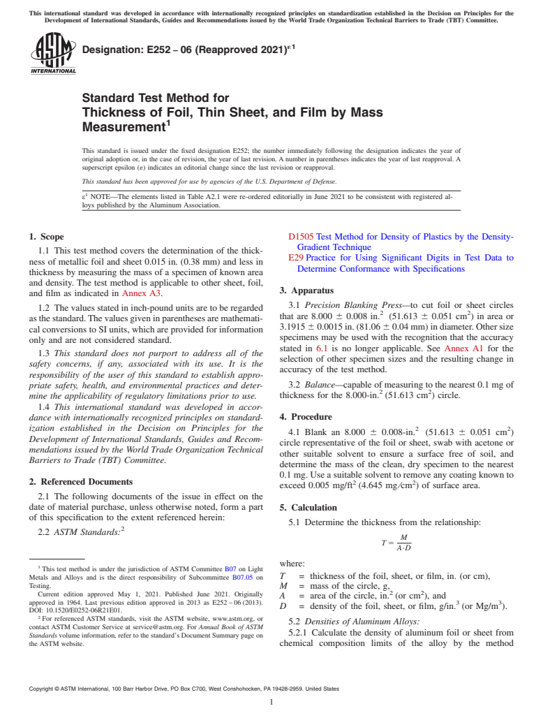 ASTM E252-06(2021)e1 - Standard Test Method for  Thickness of Foil, Thin Sheet, and Film by Mass Measurement