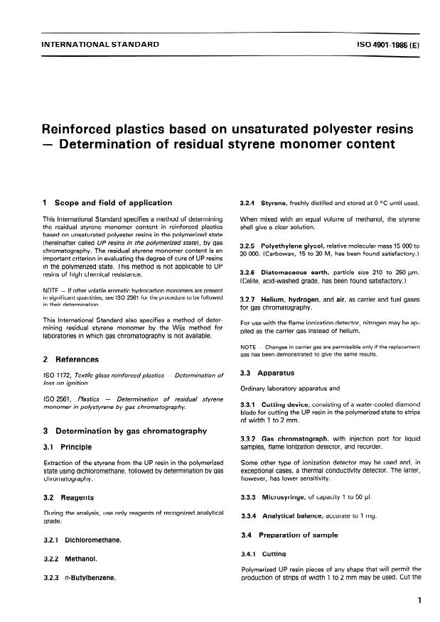ISO 4901:1985 - Reinforced plastics based on unsaturated polyester resins -- Determination of residual styrene monomer content