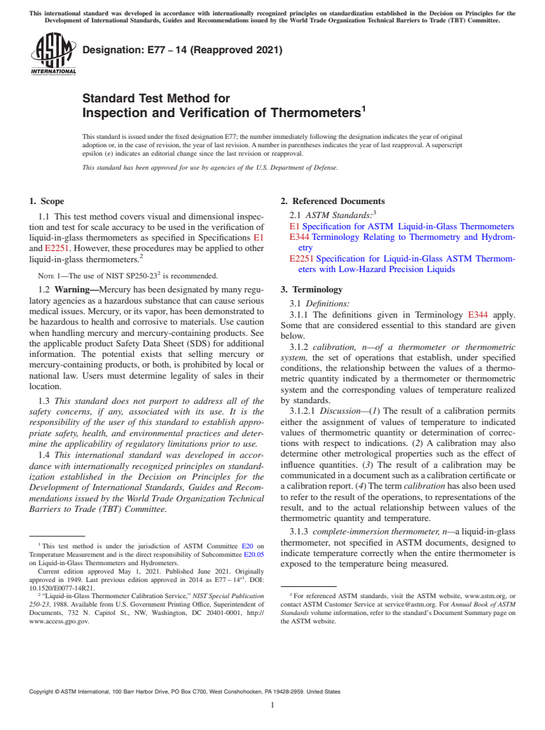 ASTM E77-14(2021) - Standard Test Method for  Inspection and Verification of Thermometers