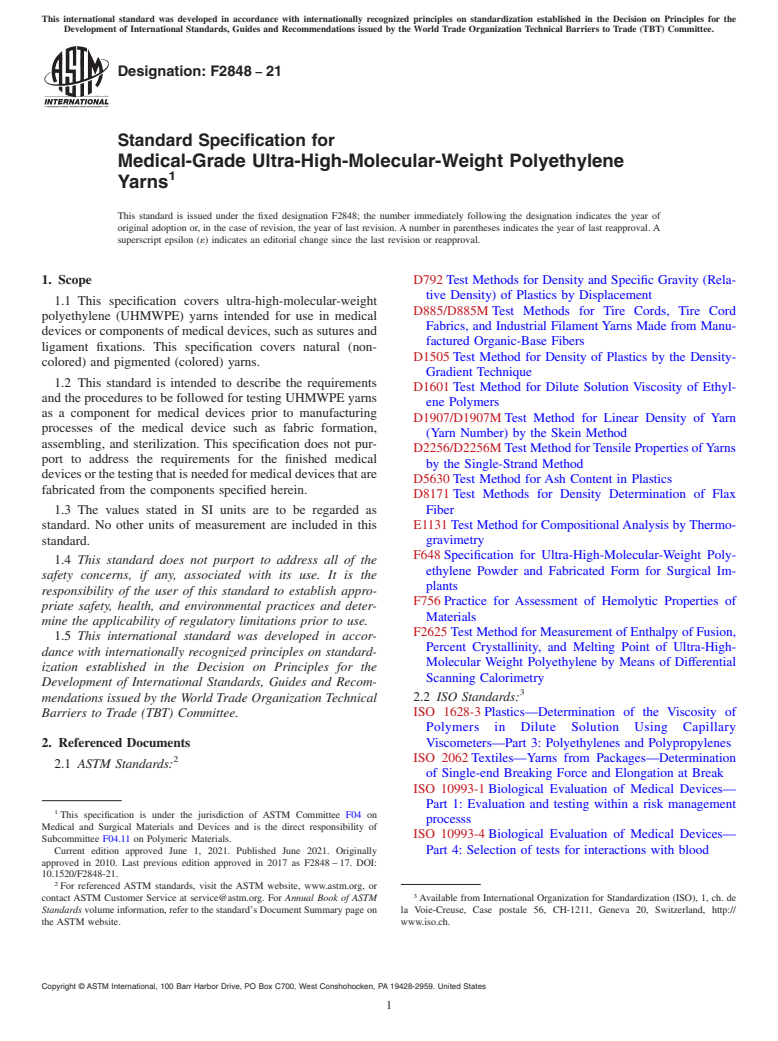 ASTM F2848-21 - Standard Specification for Medical-Grade Ultra-High-Molecular-Weight Polyethylene Yarns