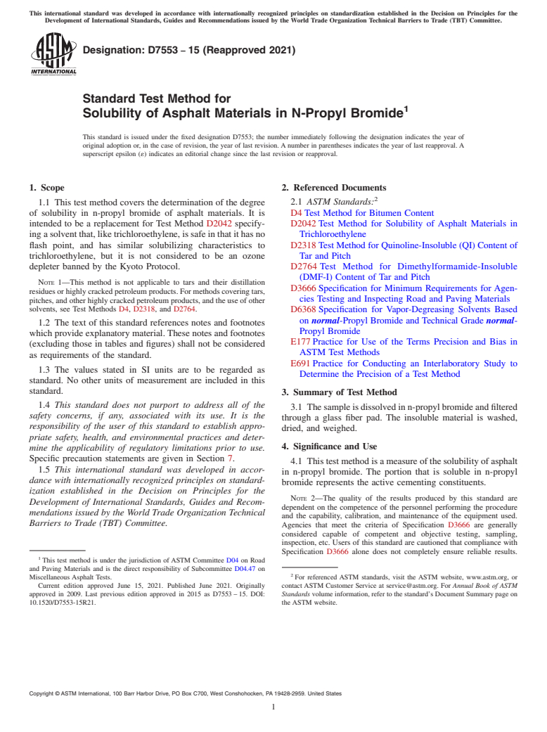 ASTM D7553-15(2021) - Standard Test Method for Solubility of Asphalt Materials in N-Propyl Bromide