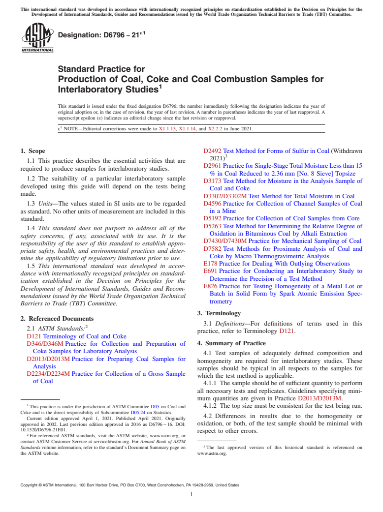 ASTM D6796-21e1 - Standard Practice for Production of Coal, Coke and Coal Combustion Samples for Interlaboratory  Studies
