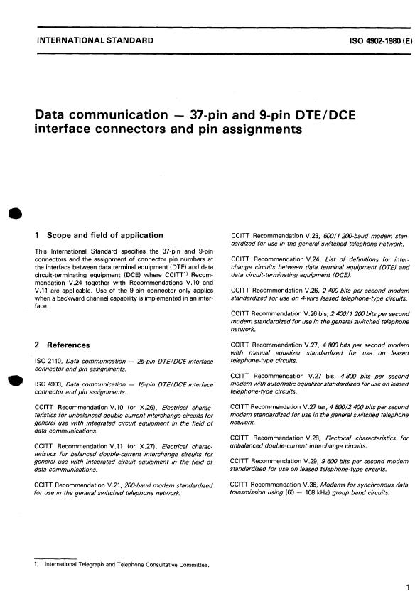 ISO 4902:1980 - Data communication -- 37-pin and 9- pin DTE/DCE interface connectors and pin assignments