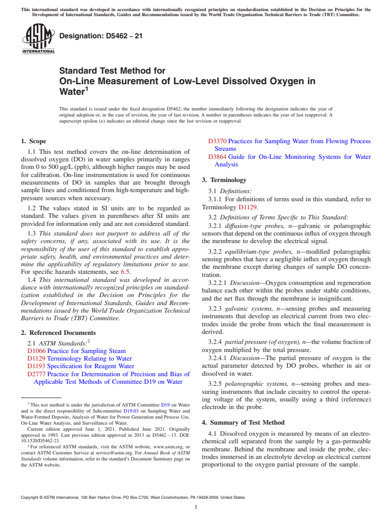 ASTM D5462-21 - Standard Test Method for  On-Line Measurement of Low-Level Dissolved Oxygen in Water
