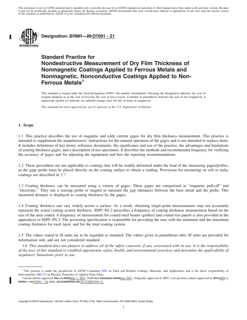 REDLINE ASTM D7091-21 - Standard Practice for Nondestructive Measurement of Dry Film Thickness of Nonmagnetic   Coatings  Applied to Ferrous Metals and Nonmagnetic, Nonconductive   Coatings Applied  to Non-Ferrous Metals