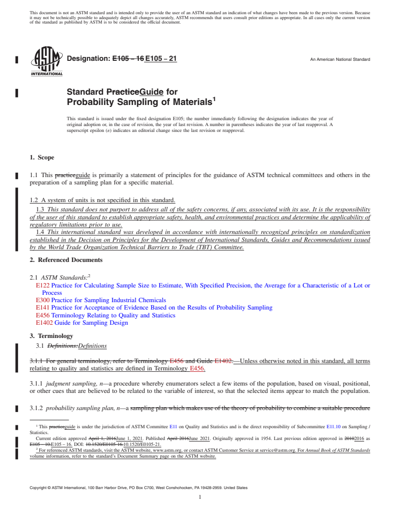 REDLINE ASTM E105-21 - Standard Guide for  Probability Sampling of Materials